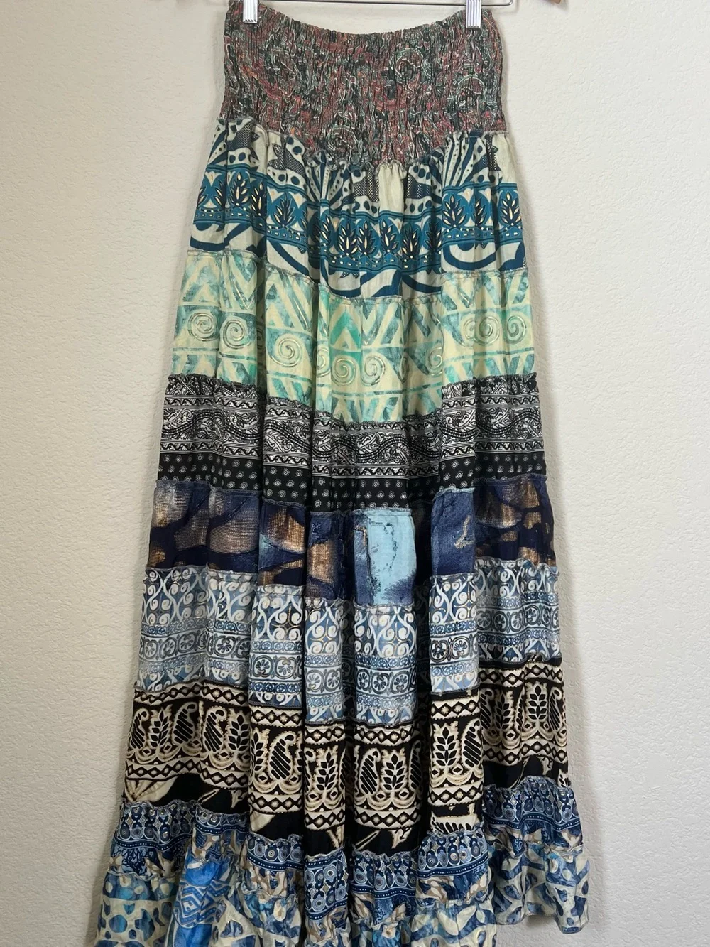 Recycled Silk Blend Floral Patchwork Tiered Ruffle Skirt Free Size Gypsy Boho